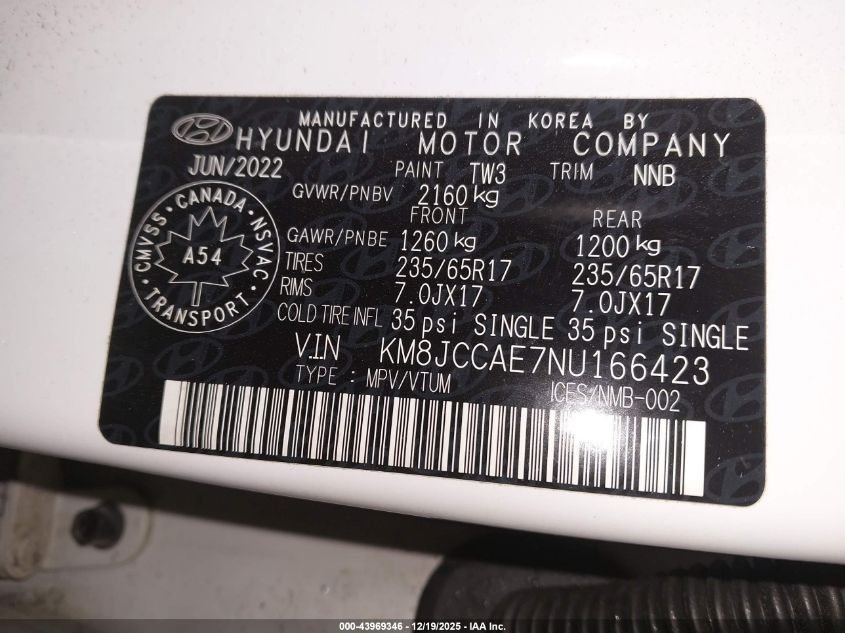 2022 Hyundai Tucson Preferred Awd With Trend Package VIN: KM8JCCAE7NU166423 Lot: 43969346