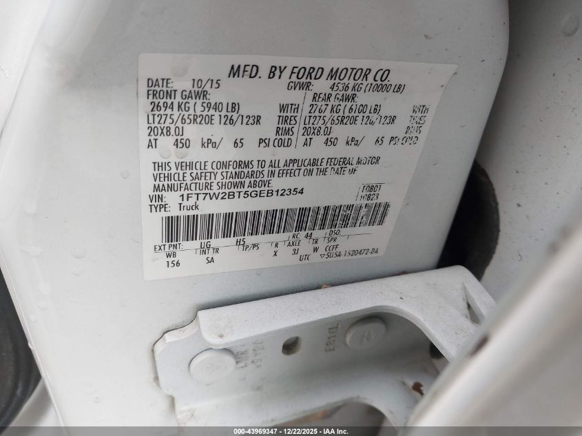 2016 Ford F-250 Lariat VIN: 1FT7W2BT5GEB12354 Lot: 43969347