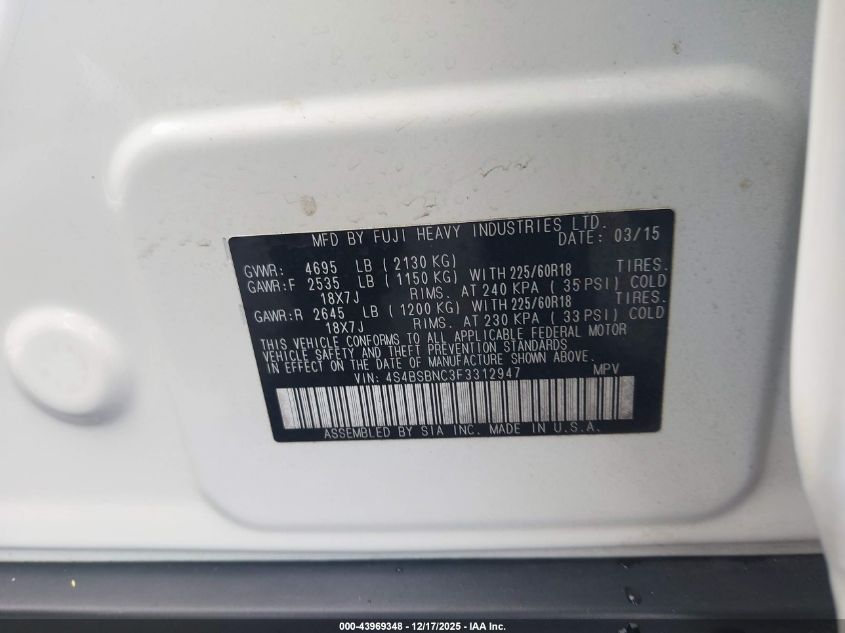 2015 Subaru Outback 2.5I Limited VIN: 4S4BSBNC3F3312947 Lot: 43969348