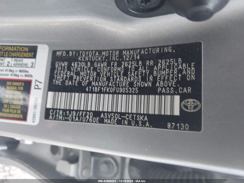 2015 Toyota Camry Se VIN: 4T1BF1FK0FU905325 Lot: 43969351