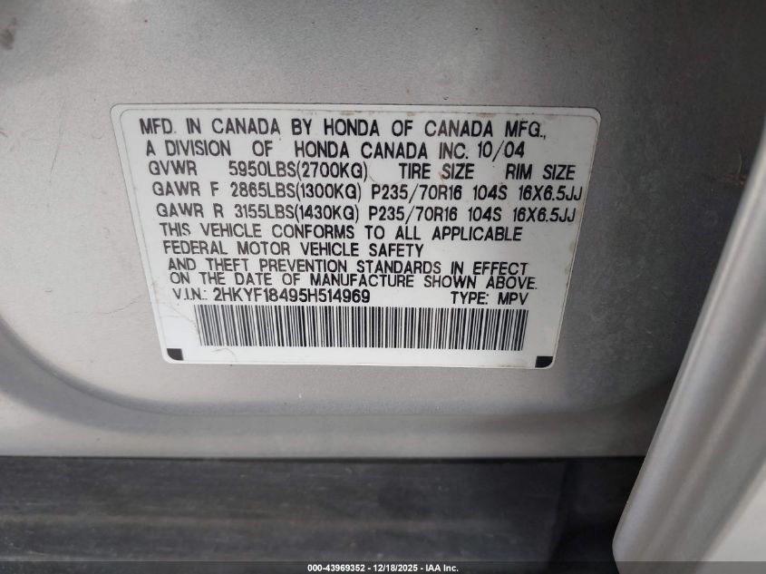 2005 Honda Pilot Ex VIN: 2HKYF18495H514969 Lot: 43969352