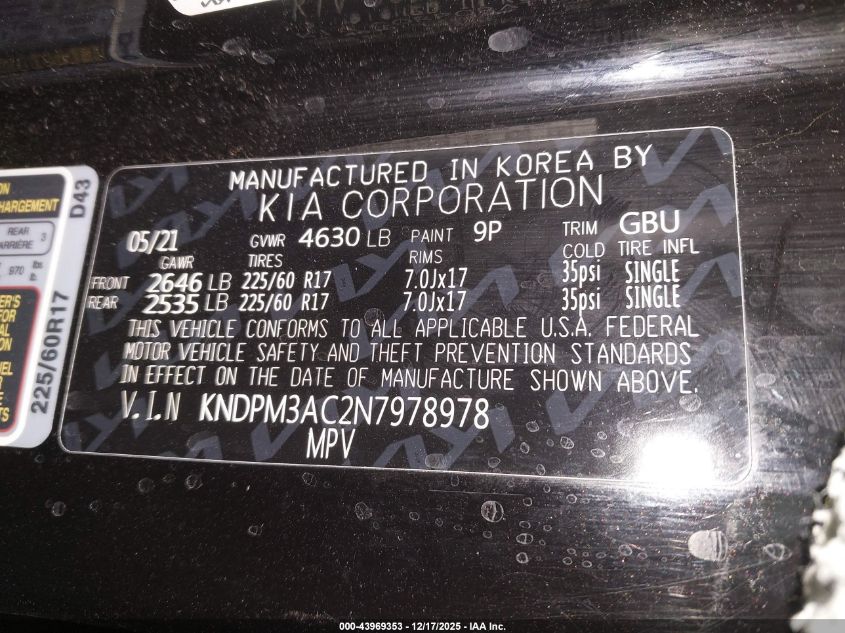 2022 Kia Sportage Lx VIN: KNDPM3AC2N7978978 Lot: 43969353