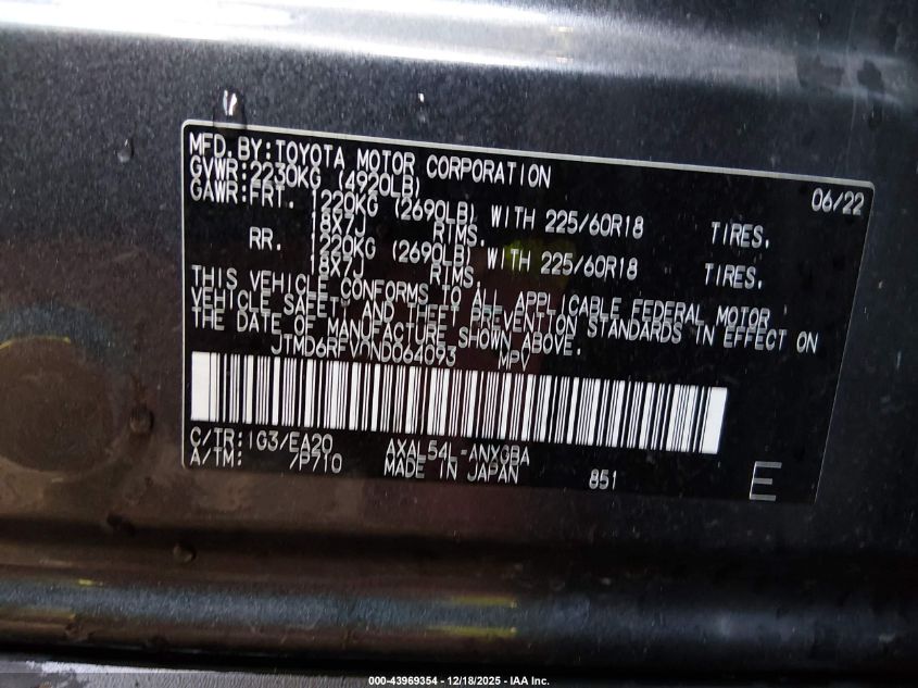 2022 Toyota Rav4 Hybrid Limited VIN: JTMD6RFV0ND064093 Lot: 43969354