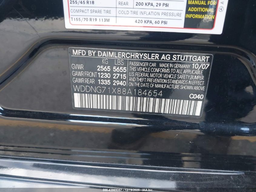 2008 Mercedes-Benz S 550 VIN: WDDNG71X88A184654 Lot: 43969357