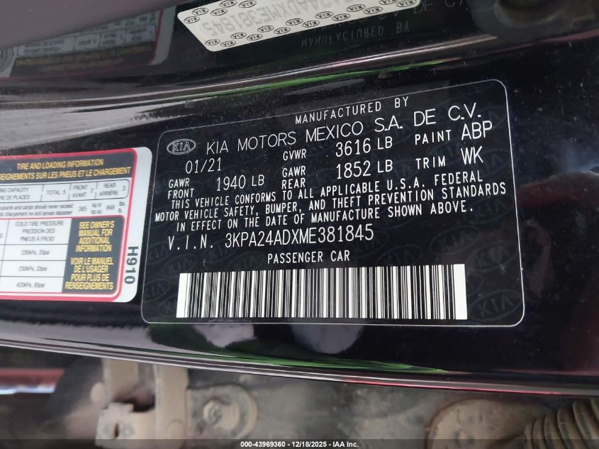 2021 Kia Rio Lx VIN: 3KPA24ADXME381845 Lot: 43969360