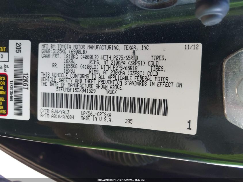 2013 Toyota Tundra Grade 4.6L V8 VIN: 5TFUM5F15DX041529 Lot: 43969361