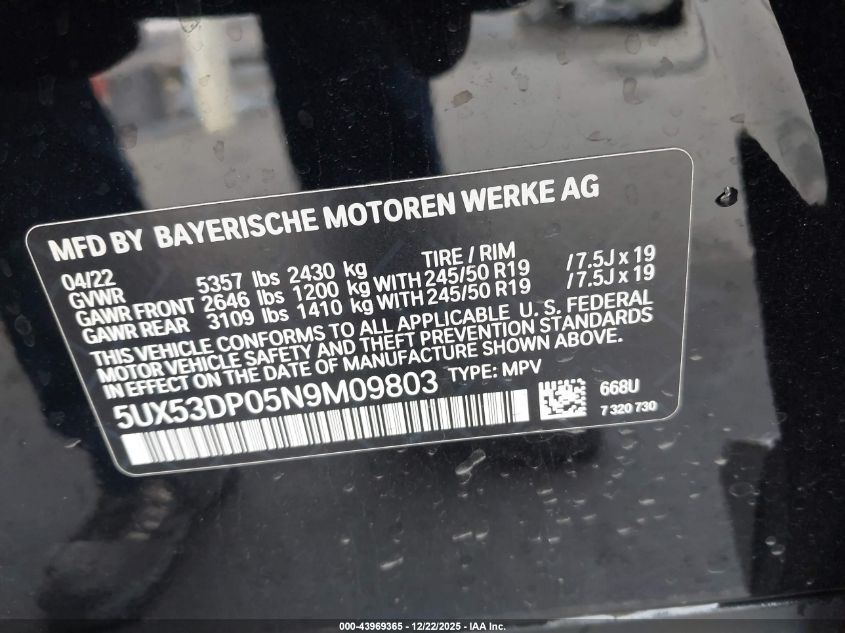 2022 BMW X3 xDrive30I VIN: 5UX53DP05N9M09803 Lot: 43969365