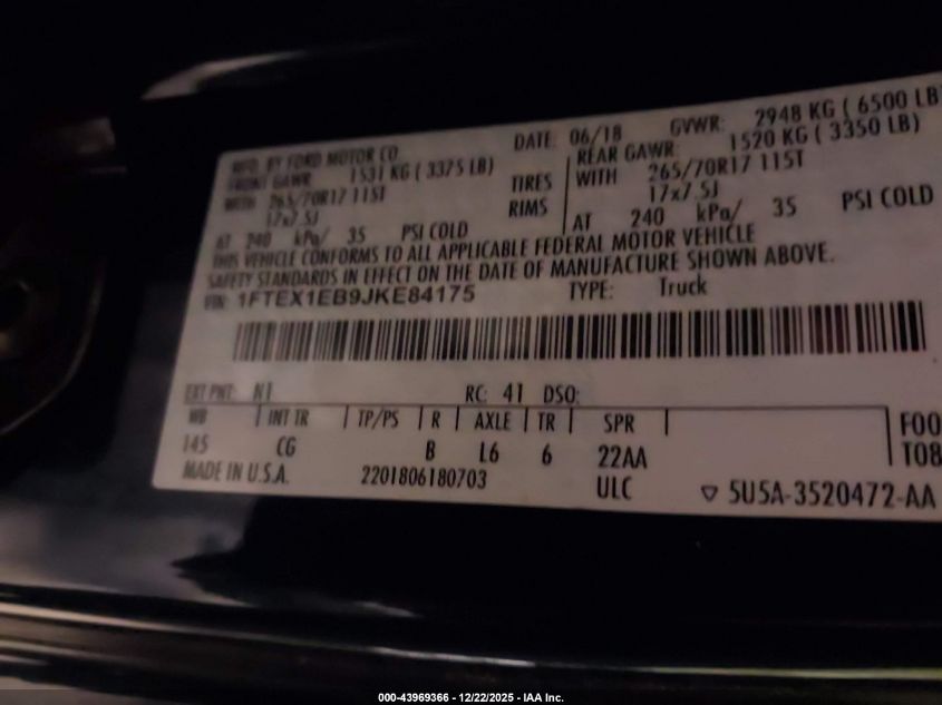 2018 Ford F-150 Xl VIN: 1FTEX1EB9JKE84175 Lot: 43969366