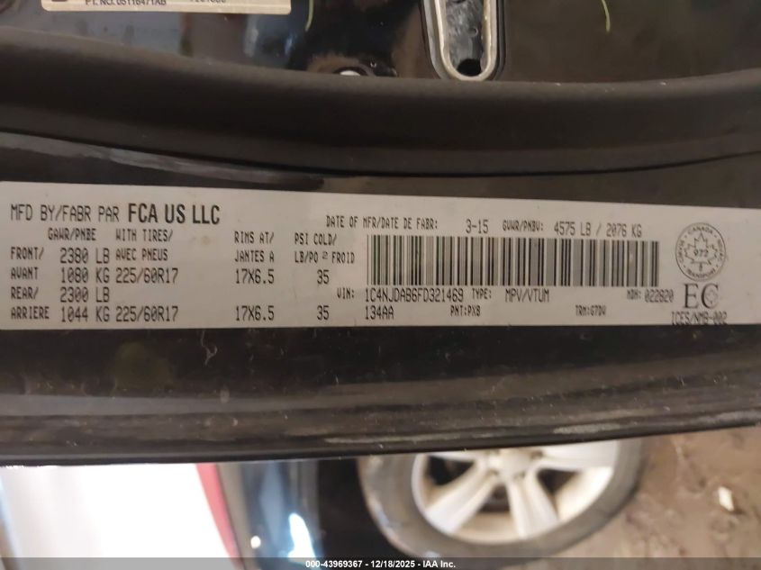 2015 Jeep Compass North VIN: 1C4NJDAB6FD321469 Lot: 43969367