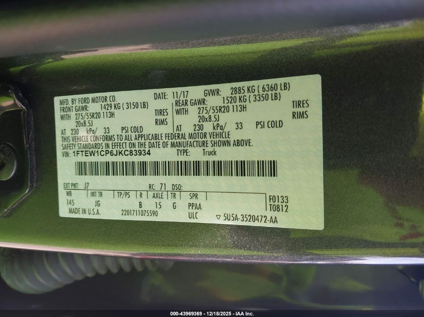 2018 Ford F-150 Xl VIN: 1FTEW1CP6JKC83934 Lot: 43969369