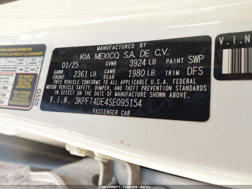 2025 Kia K4 Lxs VIN: 3KPFT4DE4SE095154 Lot: 43969371