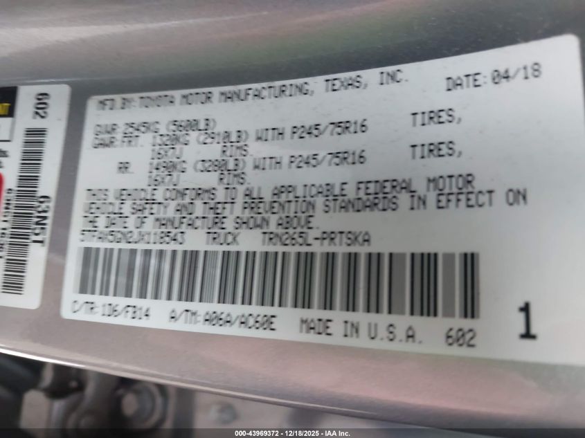 2018 Toyota Tacoma Sr VIN: 5TFAX5GN2JX118543 Lot: 43969372