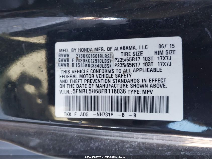 2015 Honda Odyssey Ex-L VIN: 5FNRL5H68FB118036 Lot: 43969376