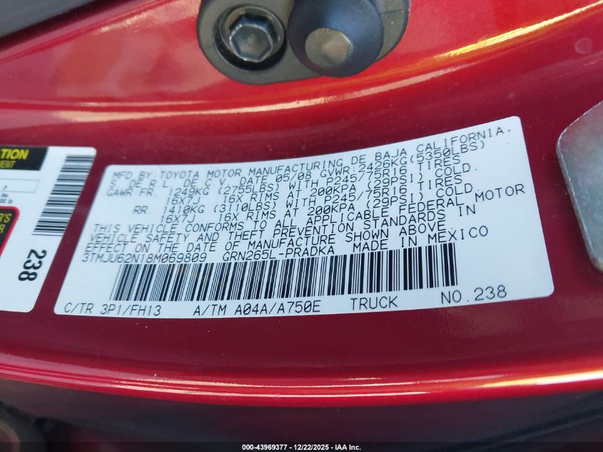 2008 Toyota Tacoma Prerunner V6 VIN: 3TMJU62N18M069809 Lot: 43969377