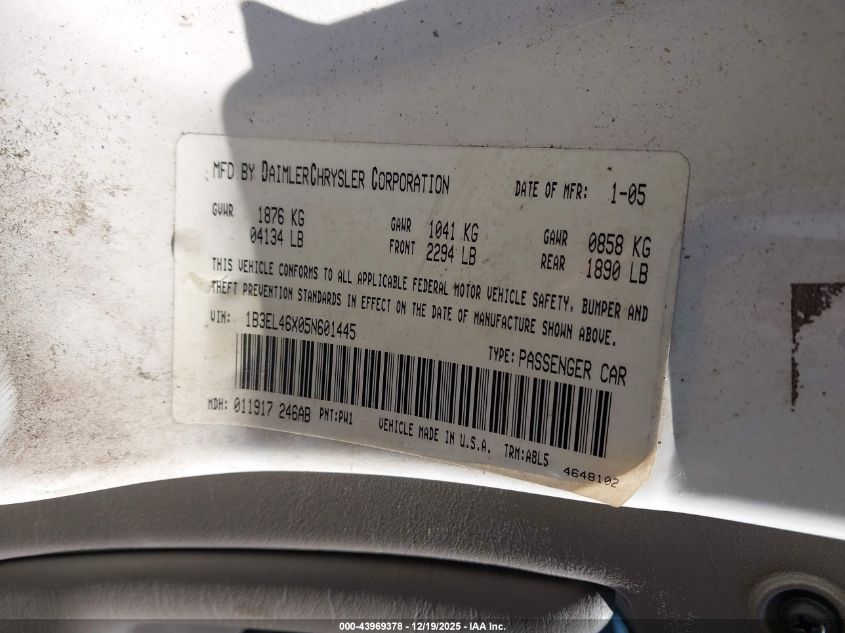 2005 Dodge Stratus Sxt VIN: 1B3EL46X05N601445 Lot: 43969378