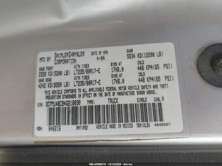 2004 Dodge Ram 3500 Slt/Laramie VIN: 3D7MU48C94G216030 Lot: 43969379