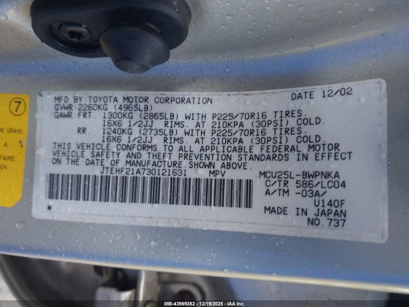 2003 Toyota Highlander Limited V6 VIN: JTEHF21A730121631 Lot: 43969382