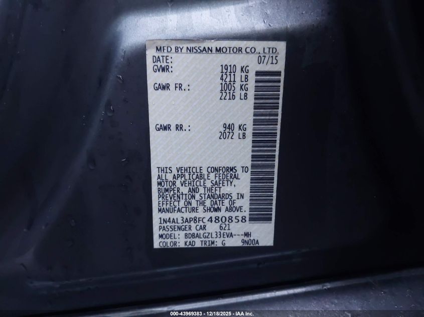 2015 Nissan Altima 2.5 S VIN: 1N4AL3AP8FC480858 Lot: 43969383