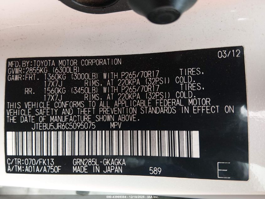 2012 Toyota 4Runner Sr5 VIN: JTEBU5JR6C5095075 Lot: 43969384