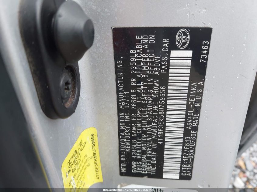 2011 Toyota Camry Le VIN: 4T1BF3EK5BU759656 Lot: 43969386