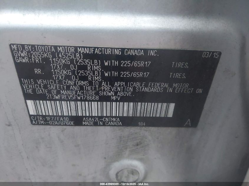 2015 Toyota Rav4 Xle VIN: 2T3WFREV5FW178668 Lot: 43969389