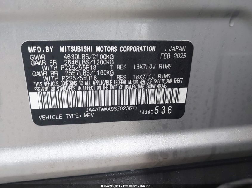 2025 Mitsubishi Eclipse Cross Se S-Awc VIN: JA4ATWAA9SZ023677 Lot: 43969391