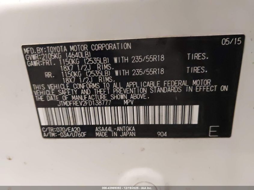 2015 Toyota Rav4 Limited VIN: JTMDFREV2FD138777 Lot: 43969392