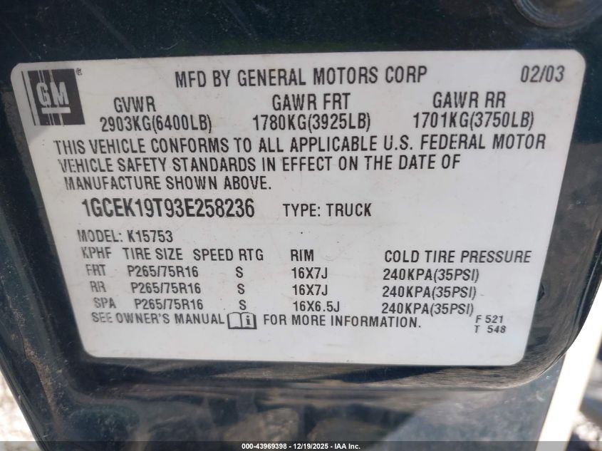 2003 Chevrolet Silverado 1500 Lt VIN: 1GCEK19T93E258236 Lot: 43969398