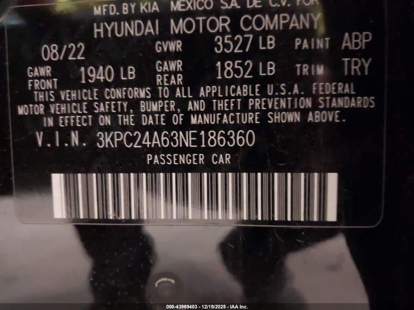 2022 Hyundai Accent Se VIN: 3KPC24A63NE186360 Lot: 43969403