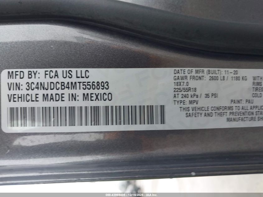 2021 Jeep Compass Limited 4X4 VIN: 3C4NJDCB4MT556893 Lot: 43969405