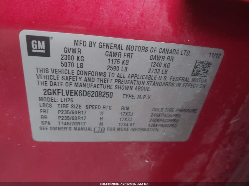 2013 GMC Terrain Slt-1 VIN: 2GKFLVEK6D6208250 Lot: 43969406