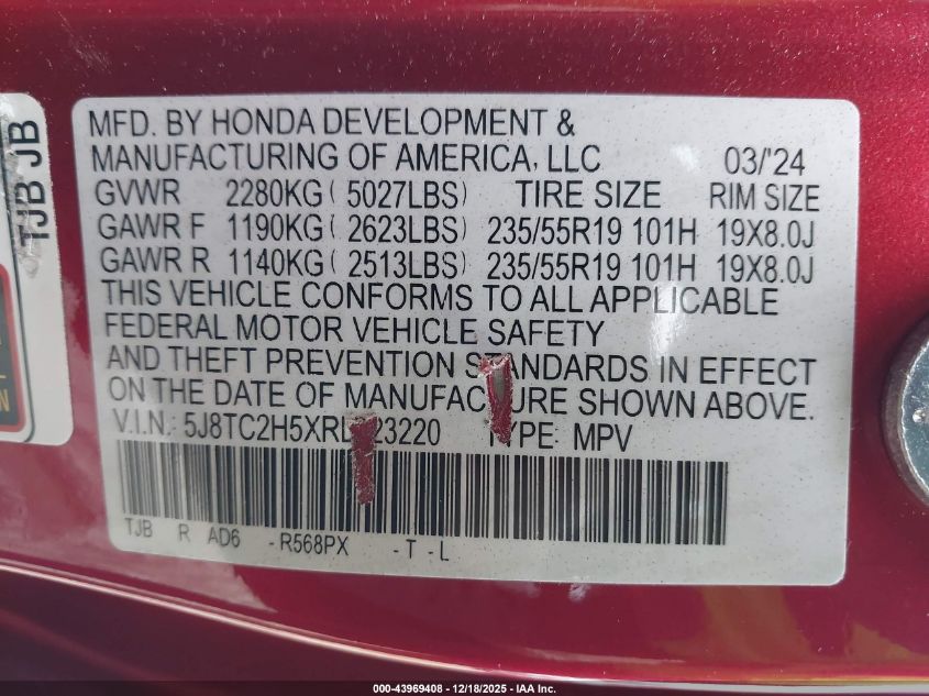 2024 Acura Rdx Technology Package VIN: 5J8TC2H5XRL023220 Lot: 43969408