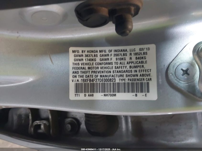 2013 Honda Civic Hybrid VIN: 19XFB4F27DE000823 Lot: 43969411