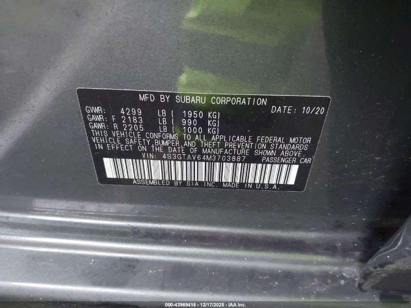 2021 Subaru Impreza Premium 5-Door VIN: 4S3GTAV64M3703887 Lot: 43969416