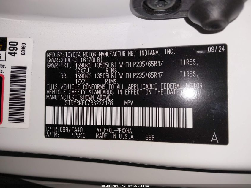 2024 Toyota Sienna Xle VIN: 5TDYRKEC7RS222178 Lot: 43969417