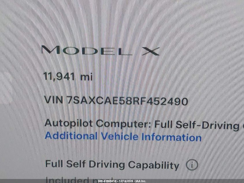 2024 Tesla Model X Long Range VIN: 7SAXCAE58RF452490 Lot: 43969418