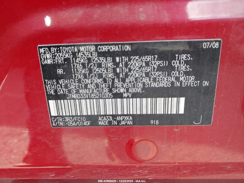 2008 Toyota Rav4 VIN: JTMBD33V185210305 Lot: 43969420