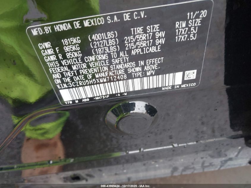 2021 Honda Hr-V 2Wd Ex VIN: 3CZRU5H5XMM712408 Lot: 43969424