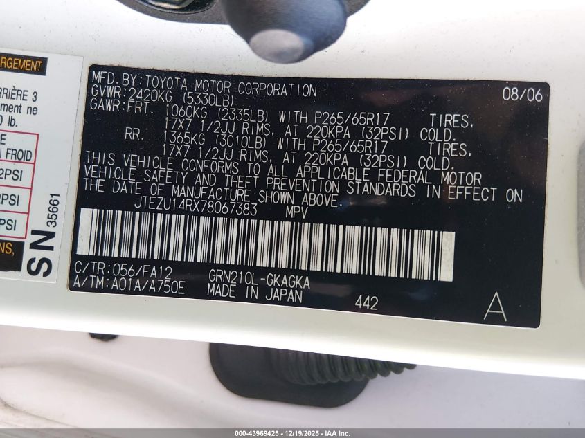 2007 Toyota 4Runner Sr5 V6 VIN: JTEZU14RX78067383 Lot: 43969425