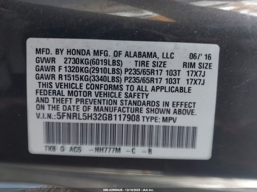 2016 Honda Odyssey Se VIN: 5FNRL5H32GB117908 Lot: 43969426