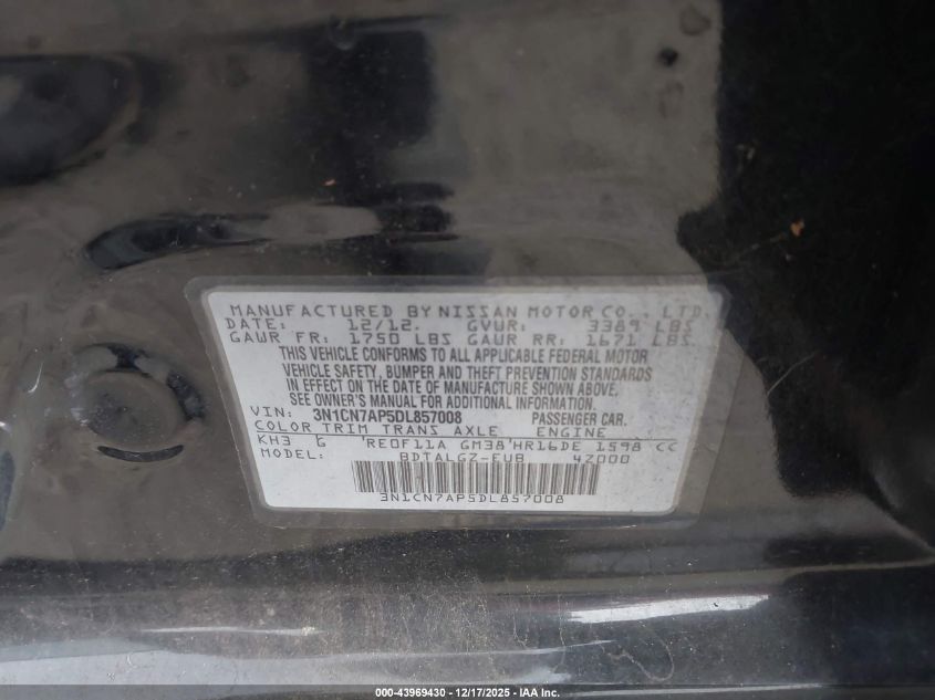 2013 Nissan Versa 1.6 Sl VIN: 3N1CN7AP5DL857008 Lot: 43969430