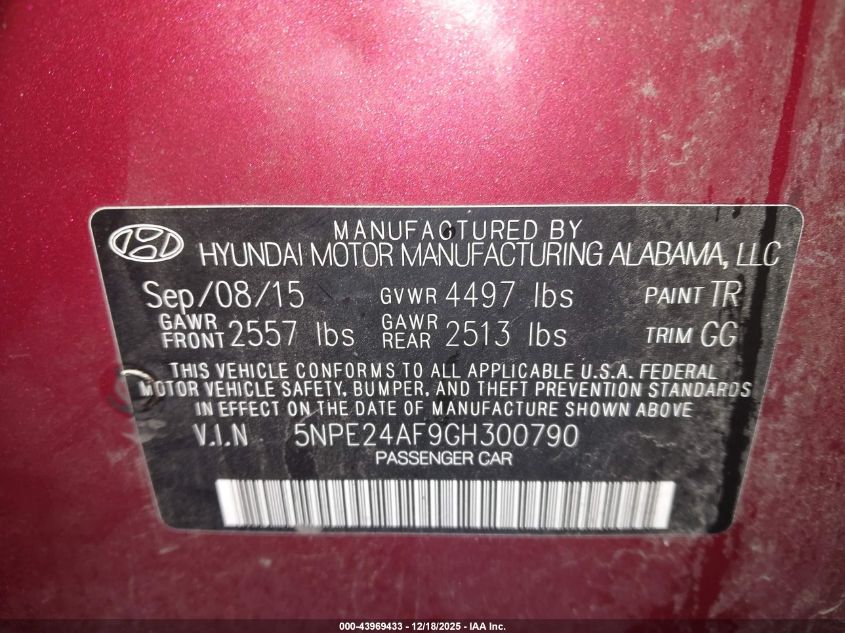 2016 Hyundai Sonata Se VIN: 5NPE24AF9GH300790 Lot: 43969433