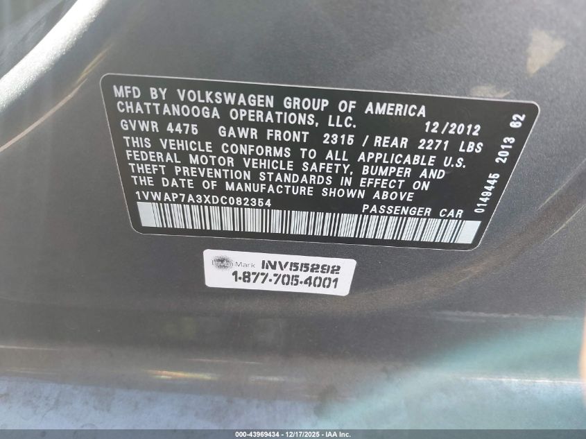 2013 Volkswagen Passat S VIN: 1VWAP7A3XDC082354 Lot: 43969434