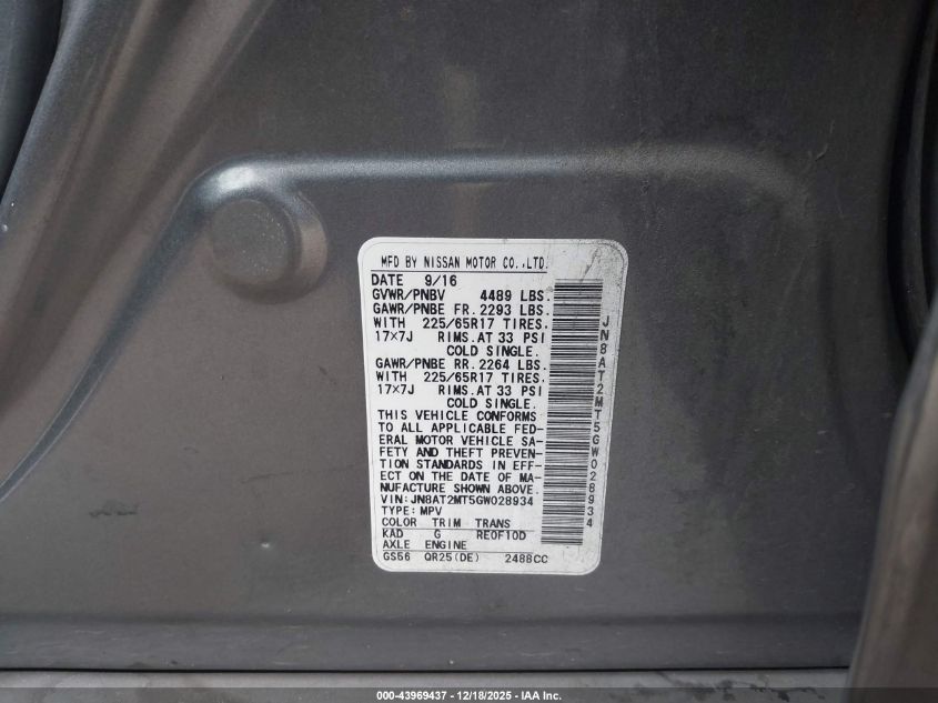 2016 Nissan Rogue S VIN: JN8AT2MT5GW028934 Lot: 43969437