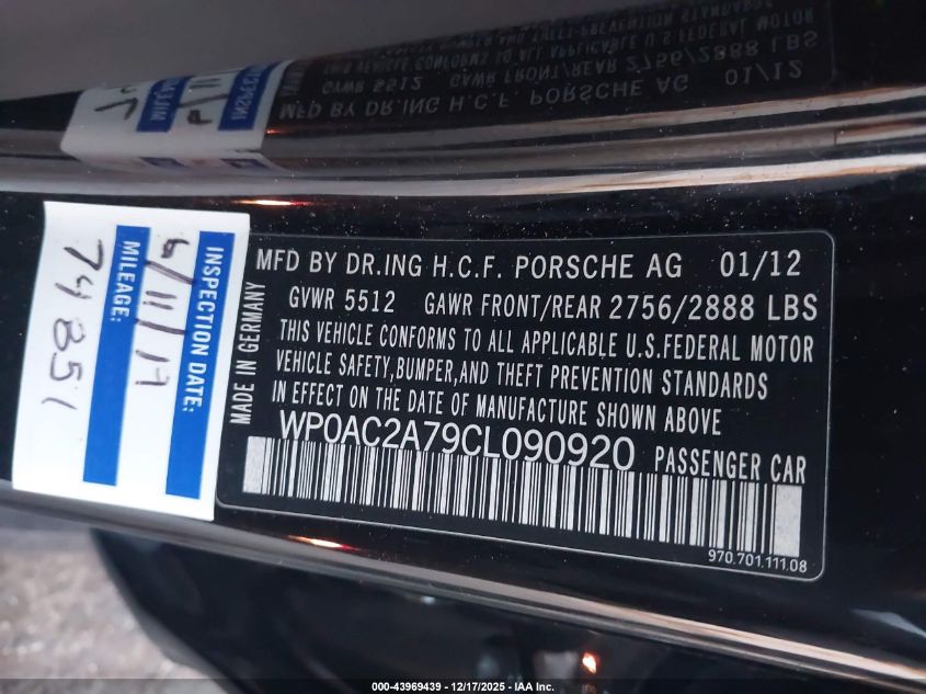 2012 Porsche Panamera Turbo VIN: WP0AC2A79CL090920 Lot: 43969439