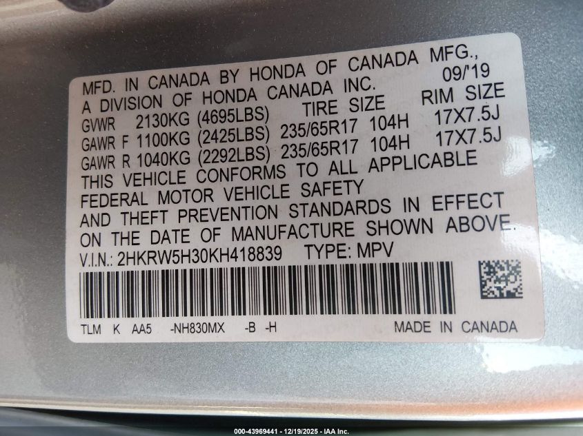 2019 Honda Cr-V Lx VIN: 2HKRW5H30KH418839 Lot: 43969441