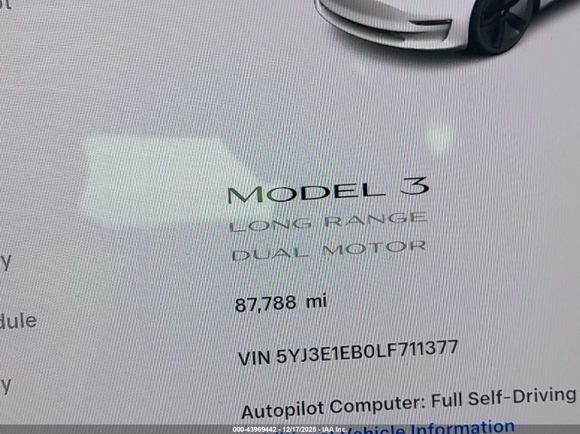 2020 Tesla Model 3 Long Range Dual Motor All-Wheel Drive VIN: 5YJ3E1EB0LF711377 Lot: 43969442