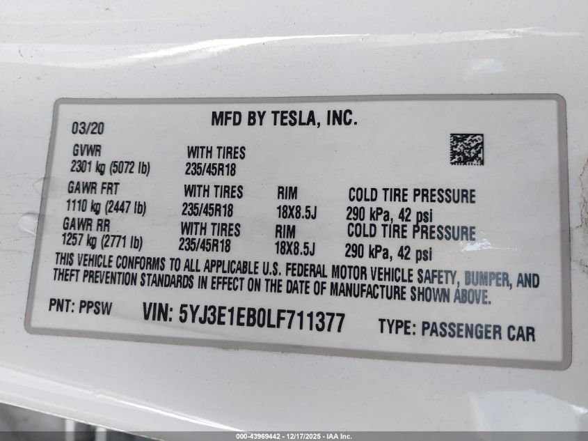 2020 Tesla Model 3 Long Range Dual Motor All-Wheel Drive VIN: 5YJ3E1EB0LF711377 Lot: 43969442