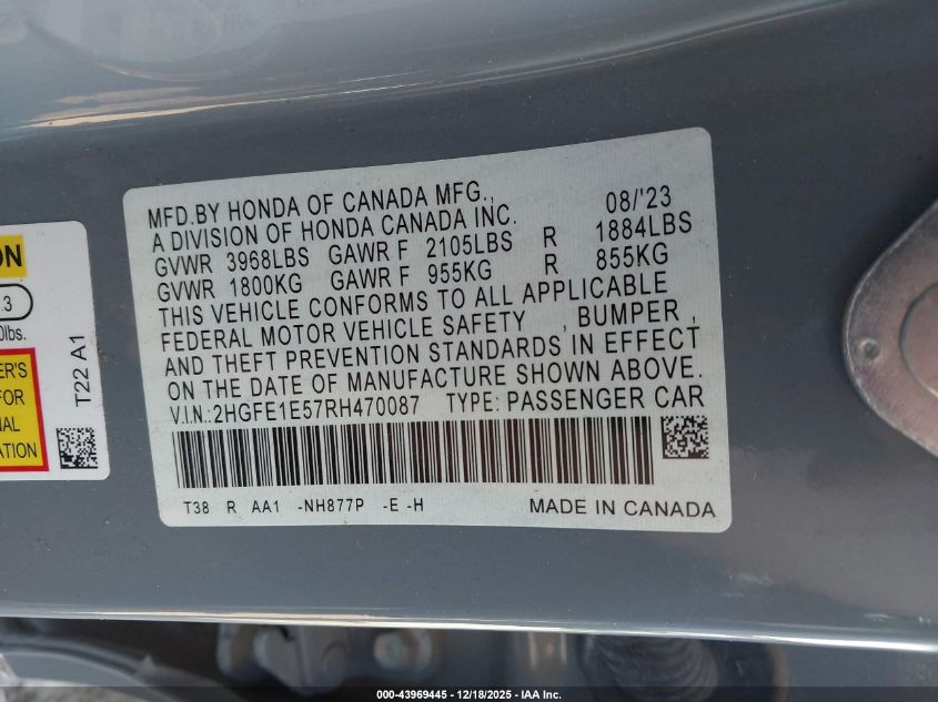 2024 Honda Civic Si Sedan VIN: 2HGFE1E57RH470087 Lot: 43969445