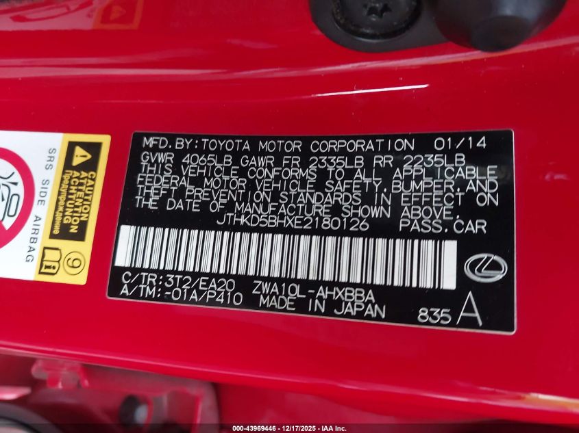 2014 Lexus Ct 200H VIN: JTHKD5BHXE2180126 Lot: 43969446